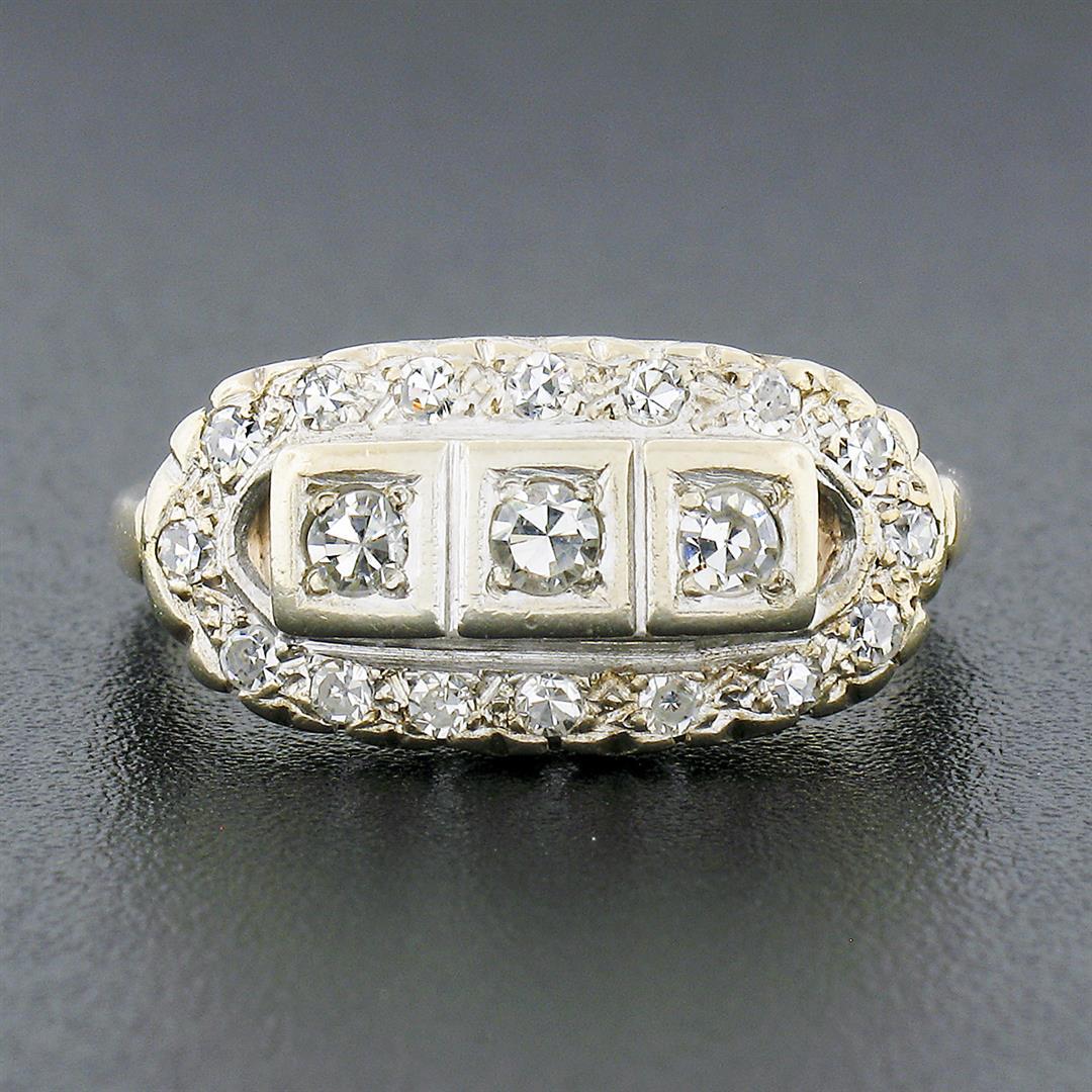 Antique Art Deco 14k Two Tone Gold 0.35 ctw Old Single Cut Pave Diamond Band Rin