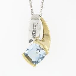 Petite 10K TT Gold Channel Blue Topaz Diamond Polished Overlap Pendant Necklace