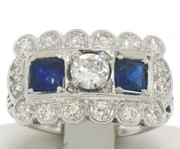 Antique Art Deco Etched Platinum 1.0 ctw European Cut Diamond & Syn Sapphire Rin