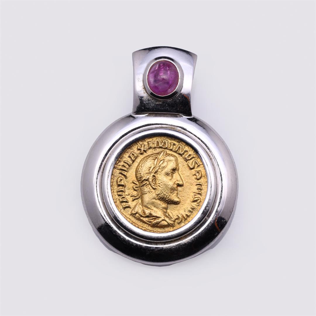 18K White Gold & Ruby Coin Pendant