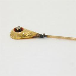Antique 10K Gold Old Mine Cut Diamond Puffed Hand Engraved Tear Drop Stick Pin