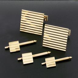 Men's Solid 14k Yellow Gold Grooved Pattern Square Cuff Link & 3 Button Stud Set