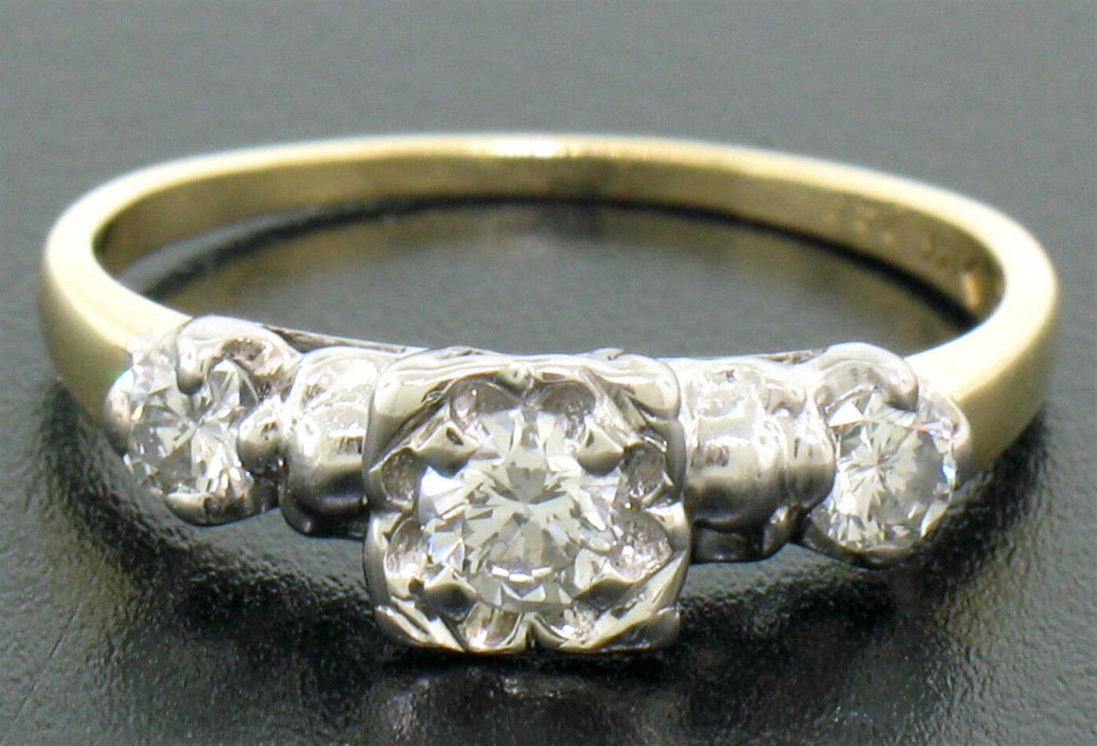 Vintage 14k Yellow & White Gold 0.40 ctw 3 Stone Illusion Set Round Diamond Ring