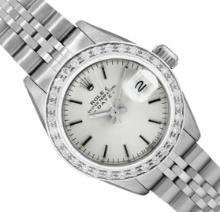 Rolex Ladies Stainless Steel Silver Index Diamond Bezel Date Wristwatch