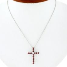 NEW 14K White Gold 1.70 ctw Round Ruby & Diamond Cross Pendant Chain Necklace