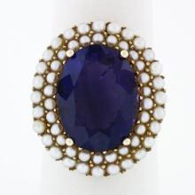 Vintage 14k Yellow Gold 7.13 ctw Oval Amethyst Solitaire & Pearl Halo Cluster Ri