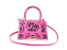 Balenciaga Pink Graffiti Printed Calfksin Leather Hourglass XS Top Handle Should