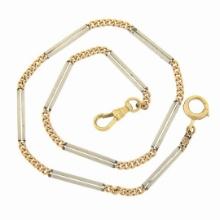 Vintage 14k Two Tone Gold 13.5" Polished Open Bar & Curb Link Pocket Watch Chain