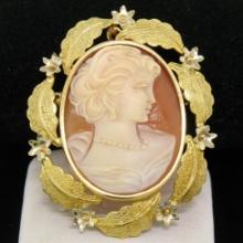 Vintage 18k Two Tone Gold Carved Shell Cameo Open Work Frame Brooch Pin Pendant