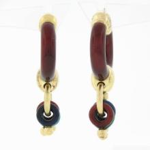 Estate 18k Gold Red Enamel Large Hoop w/ Smaller Round Link Drop Dangle Earrings