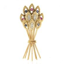 Vintage 14K Gold 0.53 ctw Diamond Sapphire & Ruby Cluster Wheat Bushel Pin Brooc