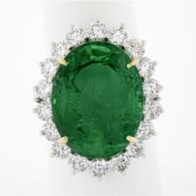 QUALITY Platinum 18k Gold 17.34 ctw AGL Large Oval Emerald & Diamond Halo Ring