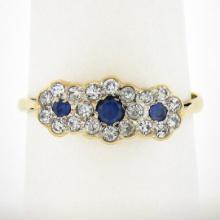 Vintage British 9k Gold Round White & Blue Cubic Zirconia 3 Flower Cluster Ring