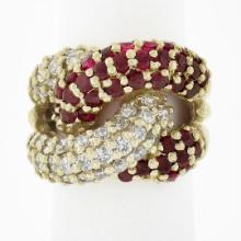 Fancy 14k Gold 2.65 ctw Round Diamond Ruby Puffed Interlocking Loop Wide Band Ri