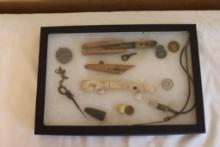 Lot Containing Old Bullet Mold, Pick and Brush, and Tokens, etc.