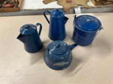 Box lot of blue granite ware