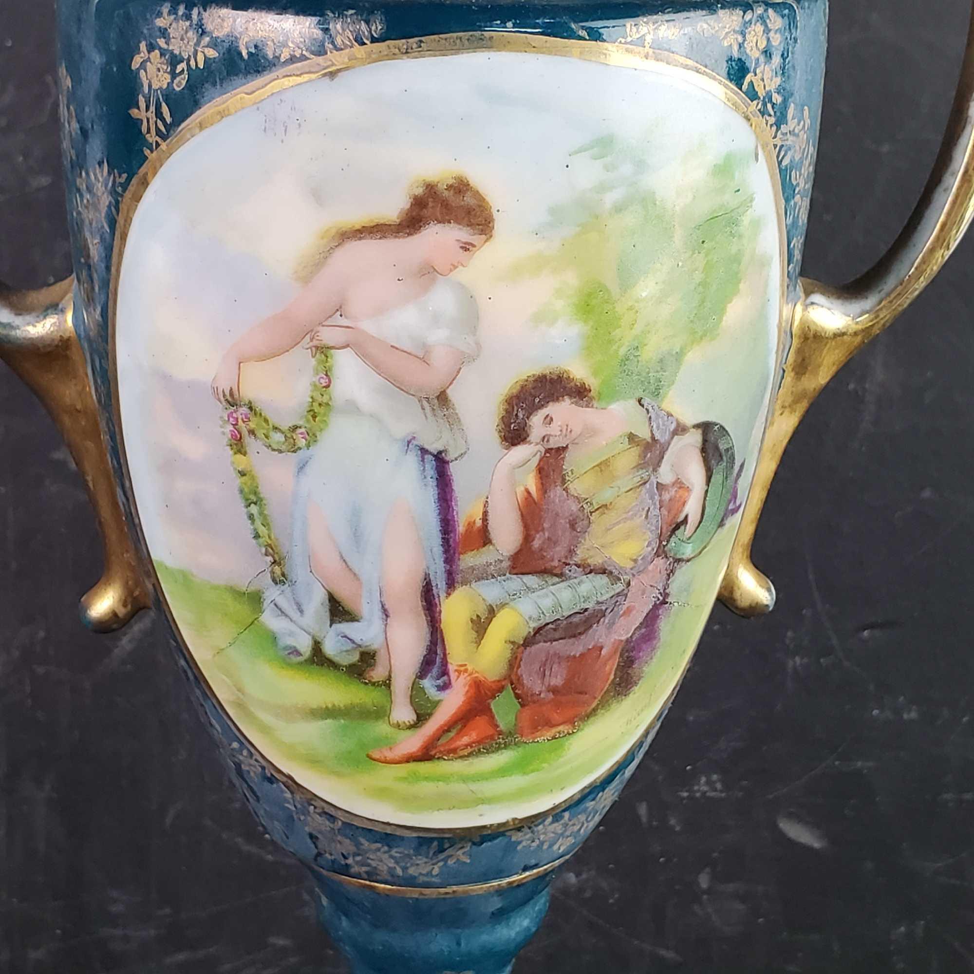 Vintage handmade/painted porcelain emperor figurine vase gold rim bowl Vienna porcelain piece