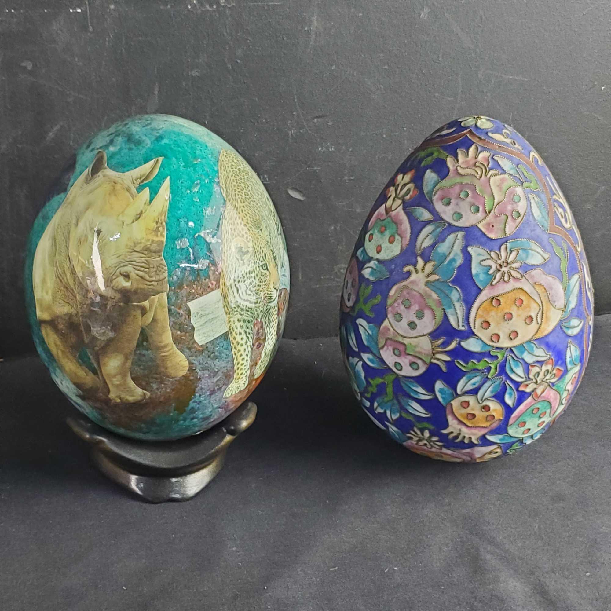 Chinoiserie Handmade Cloisonne Egg Sherry Rowe signed african safari handmade/painted egg With stand