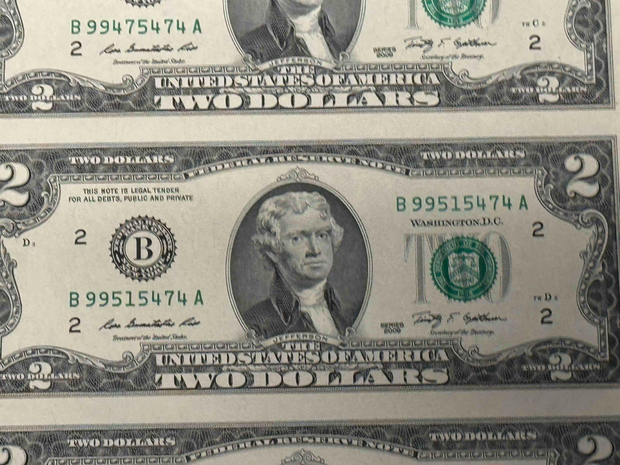 Uncut Sheet of 2 Dollar Bills 16 Count Series 2009 $32 Face Value