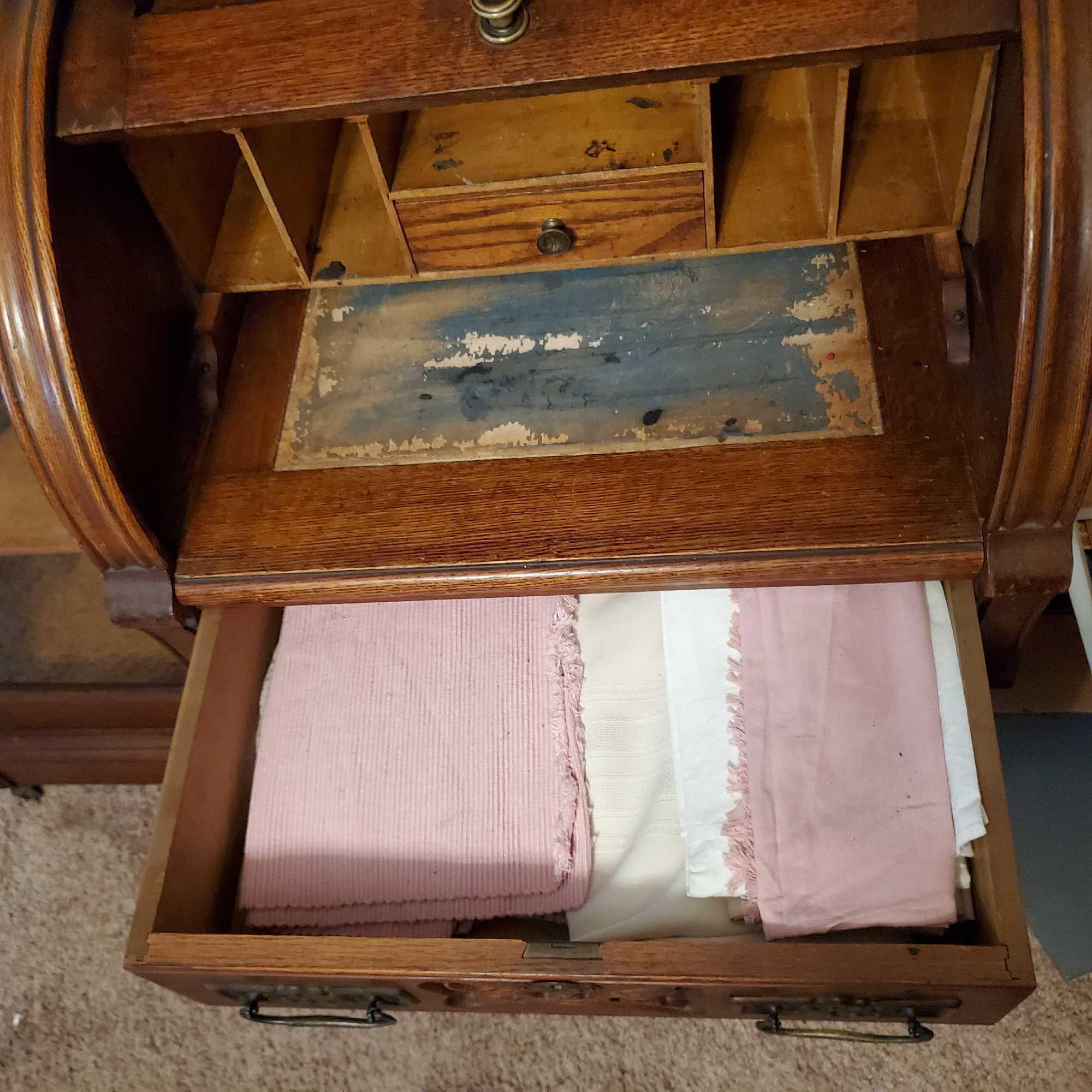 Victorian Antique Oak Roll Top Secretary Desk And Bookcase with contents @ Farm