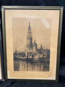 Pair of Signed Framed Art of Rheims and Antwerp Cathedrals