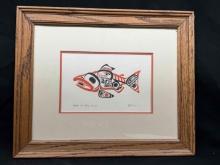 Framed Art by Bill Reid Haida Dog Salmon 14x17
