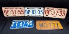 5 Vintage Maryland License Plates 1948-1964