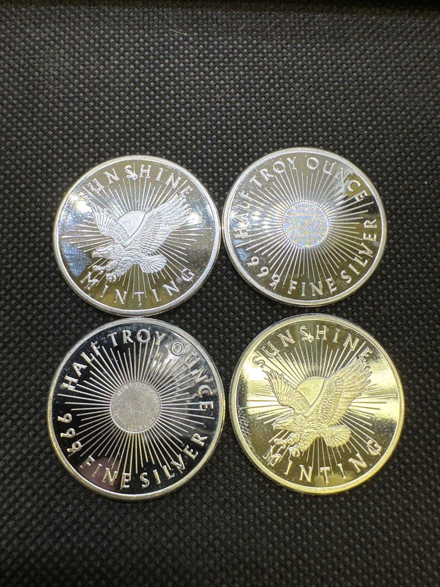 4x 1/2 Troy Oz Fine Silver Sunshine Minting Silver Bullion Coins 2 Oz Total Weight