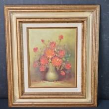 Framed oil/Masonite floral Bouquet in vase with signature