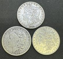 3x 1881 Morgan Silver Dollars 90% Silver Coins 79.20 Grams