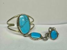 Navajo Silver Turquoise Bracelet with Attached Ring sz7