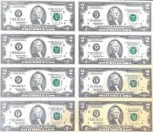 Uncut Sheet of 8 1995 2 Dollar Bills 16 Dollars total