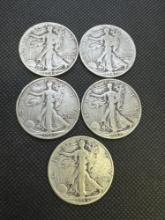 5 Walking Liberty Half Dollars 90% Silver Coins 1940-1944 61.07 Grams