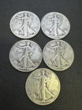 5 Walking Liberty Half Dollars 90% Silver Coins 1940-1945 61.24 Grams