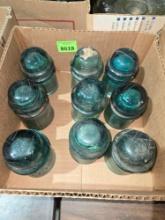 Box of 9 Green Glass, Antique Insulaters.
