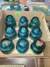 Box of 9 Antique, Green Glass Insulaters.