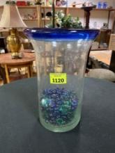 Vintage Blown Glass Blue Rimmed Flower Vase with Green and Blue Glass Pebbles