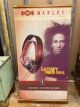 Large Vintage House of Marley Headphone Advertisement Poster in Wooden Roll Up Display Stand
