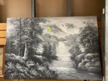 Vintage Black and White Oil on Canvas Waterfall Through A Forest Painting By Danford