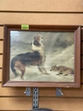 Vintage Shepards Call Border Collie and Lamb Lithograph Print in Wood Frame