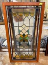 Vintage Wood Framed Stained Glass Panel
