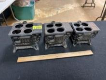 Set of 3 Antique Queen Miniature Cast Iron Stoves