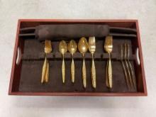 Vintage Gold Plated Silverware Set in Wooden Silverware Tray