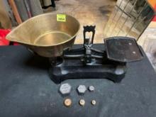 Antique 5Kg Cast Iron Scale with Brass Hopper and Counter Weights