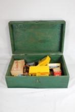 Green wood box 16" x 10" x 6" with miscellaneous small boxes of gun parts, bullets, etc. Used.