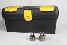 Black Stanley tool box and to old circular combination locks. Used.