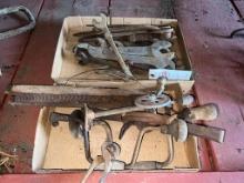 2 flats of antique wrenches and misc tools