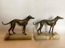 Pair Of Bronze Greyhound Dog Figurines On Marble Base