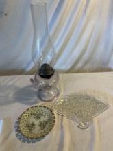 Vintage Kerosene Lamp, Fenton Fan Shaped Tray and Lattice Plate