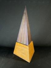 Brushed metal recognition award Ted "Teddy" Neth triangle sculpture w/ wood base